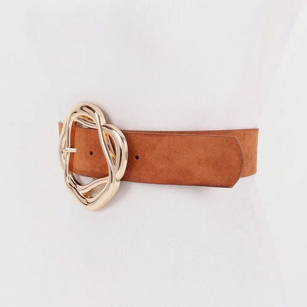 Suede Abstract Buckle Belt - Camel